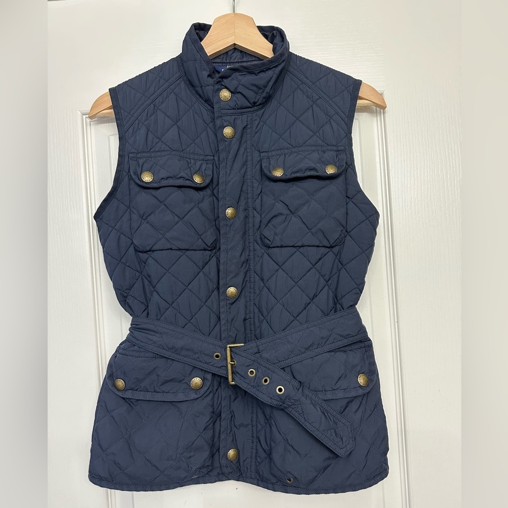 Polo Ralph Lauren Zip Button Quilted Pocket Puffer Vest  Belted Jacket
